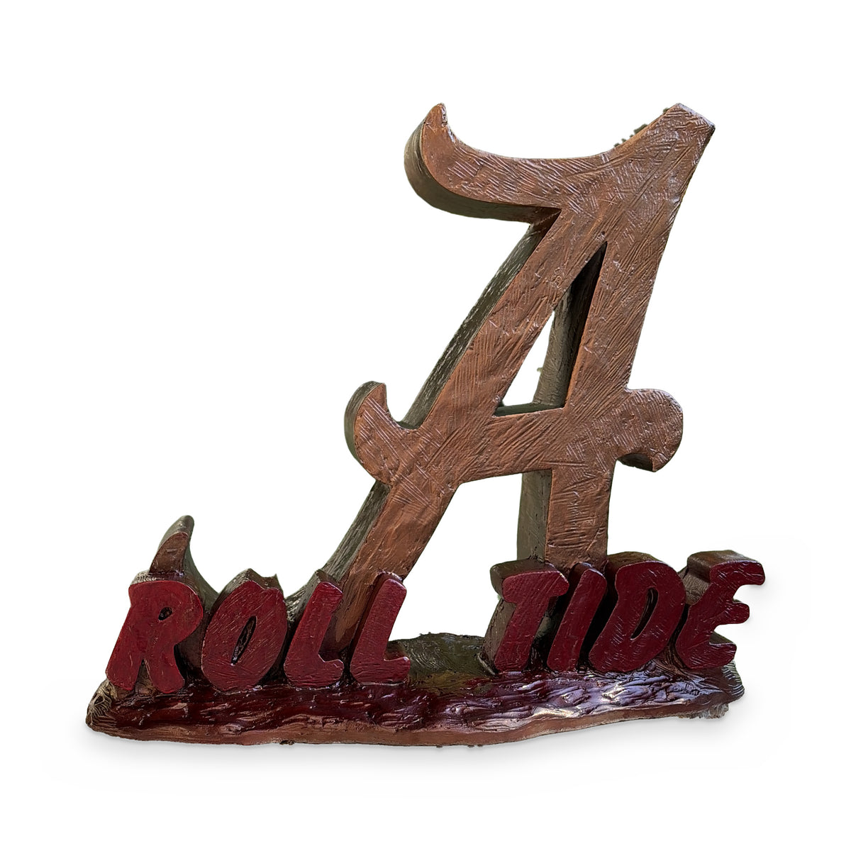 Alabama Script A Roll Tide porch statue, bronze metal coated cast cement, front view