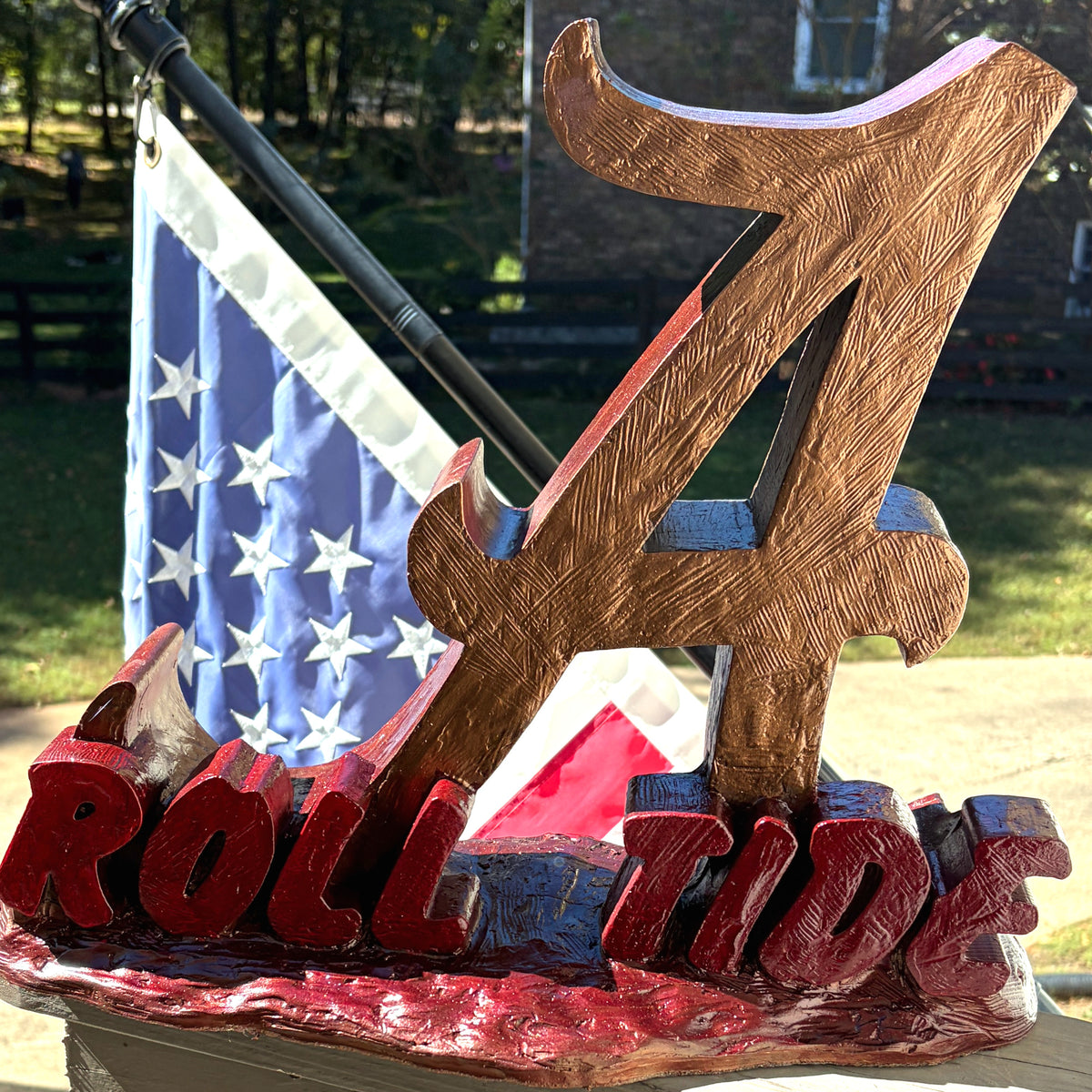 Alabama Crimson Tide Script A Porch Sculpture with ROLL TIDE Base – Bronze Finish