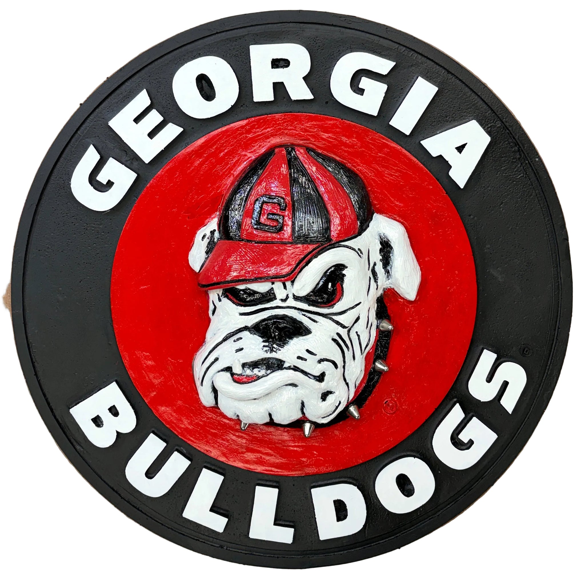 Georgia Bulldogs logo with a bulldog wearing a red and black cap on a circular background.