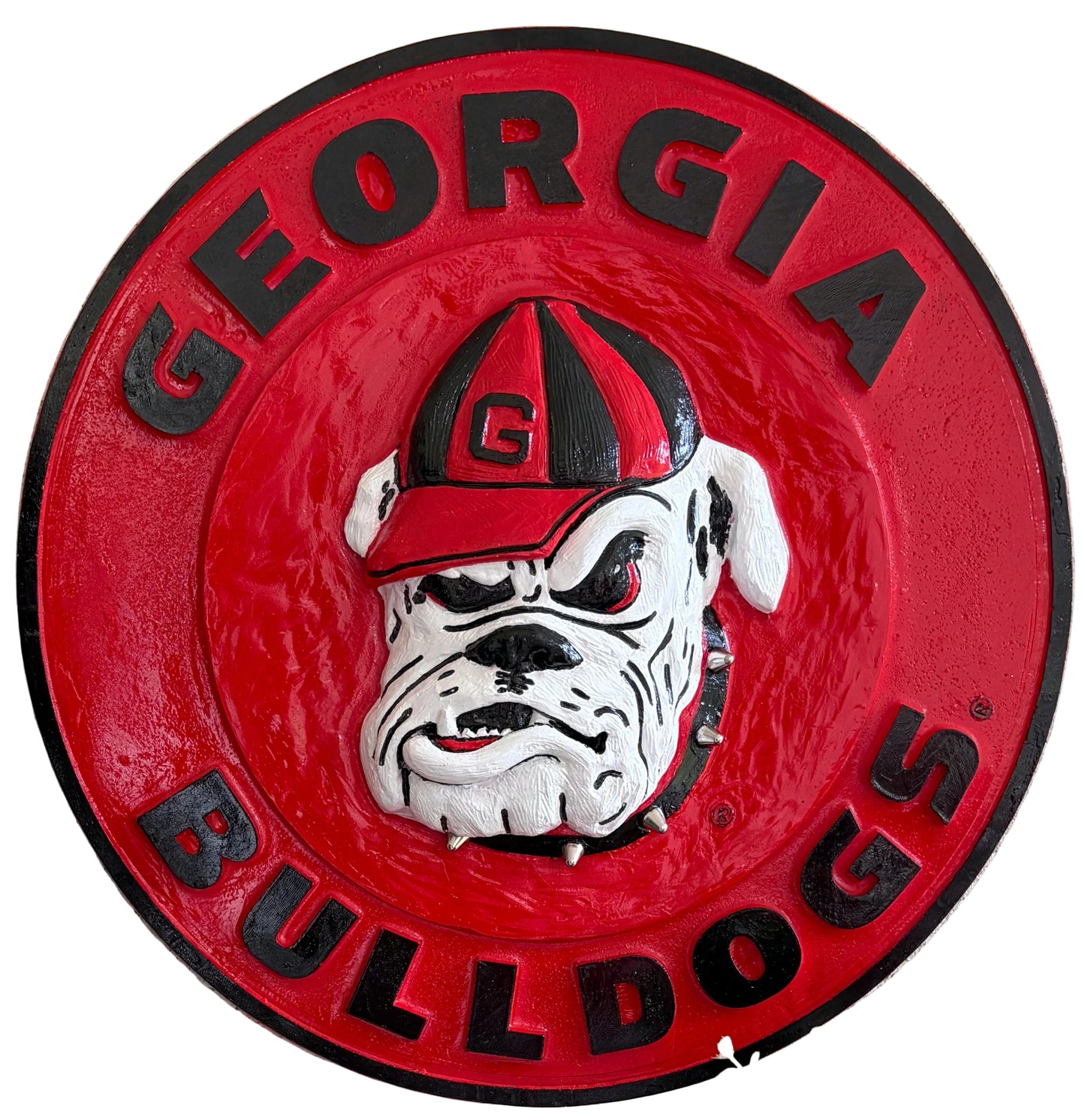 Georgia Bulldogs emblem  wall sign with a bulldog's face in the center on a red background.