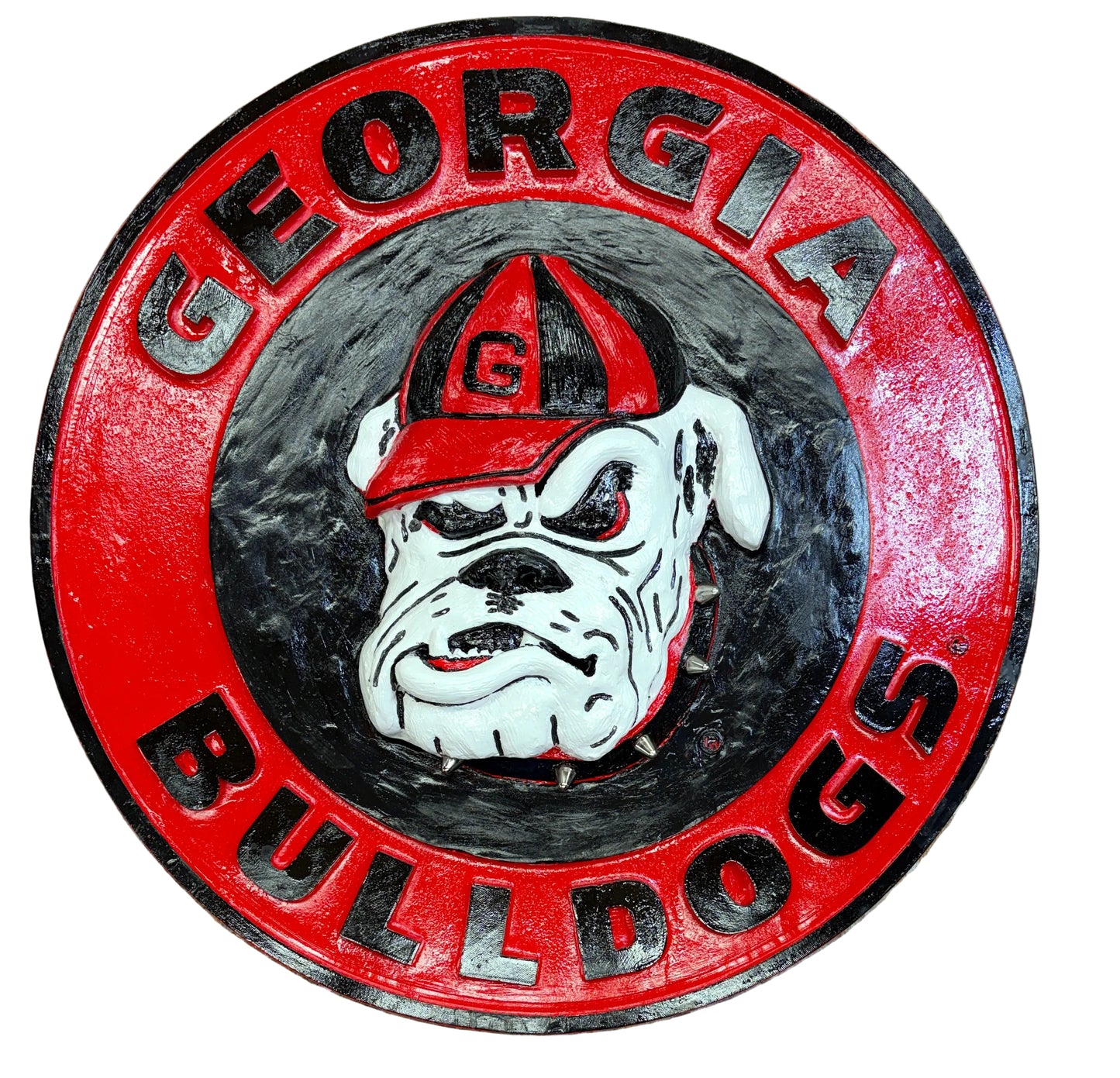 Georgia Bulldogs emblem wall sign with a bulldog face and red and black colors on a textured background
