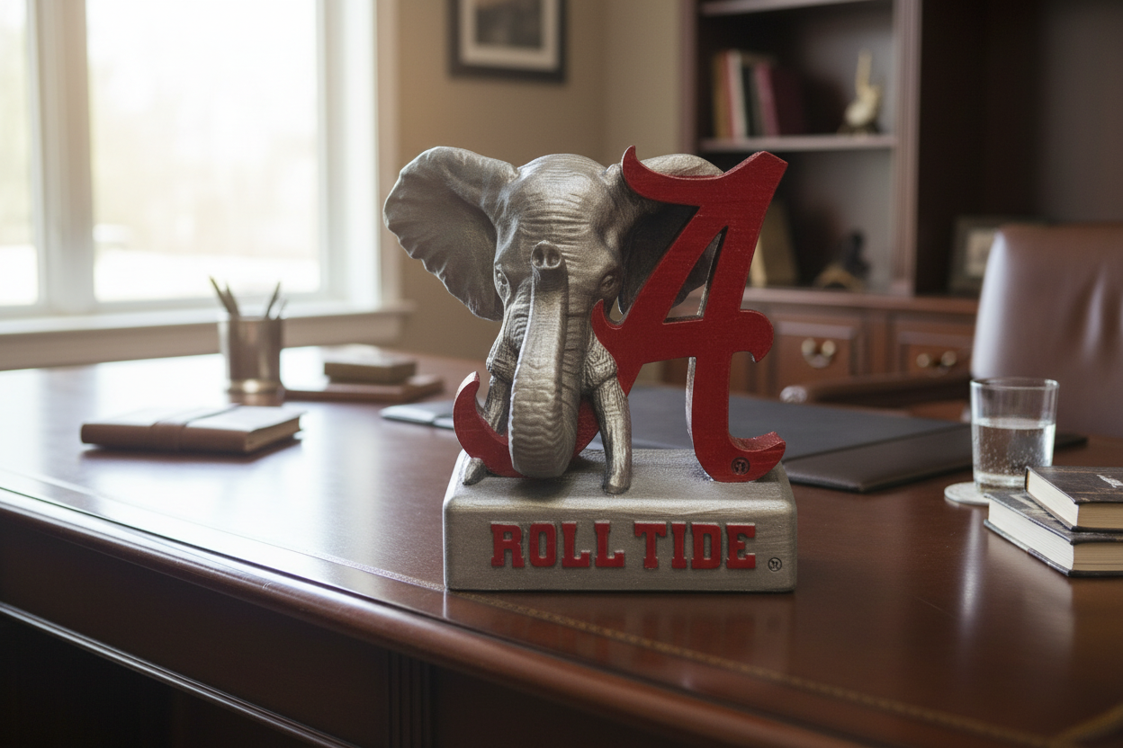 Decorative elephant figure with an Alabama crimson tide red 'A' and 'ROLL TIDE' text on a white background