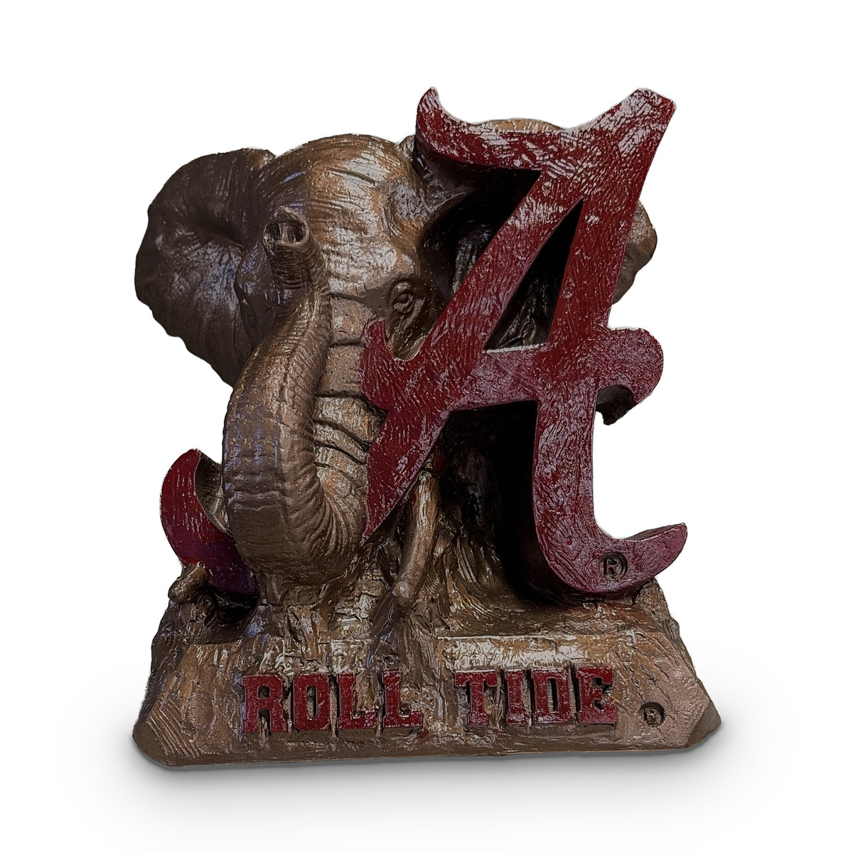 Alabama Crimson Tide elephant and script A desk sculpture, front view, bronze metal coating