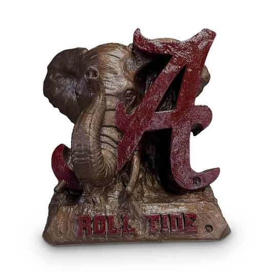 Alabama Crimson Tide elephant and script A desk sculpture, front view, bronze metal coating