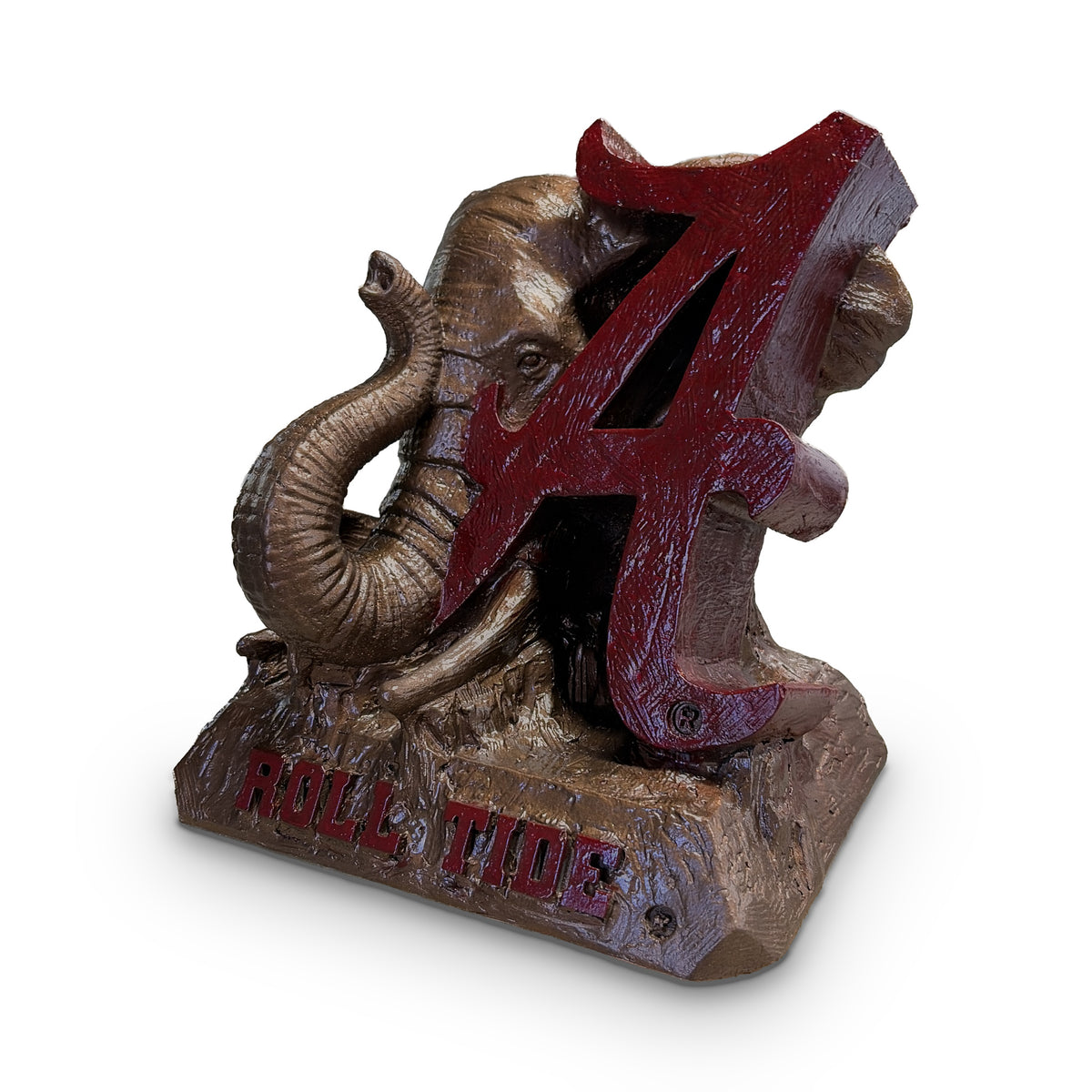 Alabama Crimson Tide elephant and script A desk sculpture, three-quarter right view showing the curled trunk and ROLL TIDE base, bronze metal coating