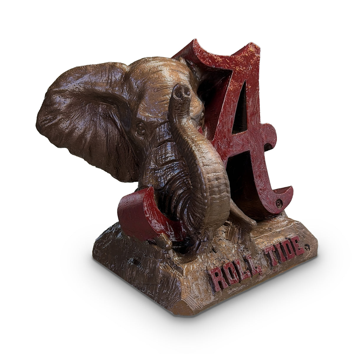 Alabama Crimson Tide elephant and script A desk sculpture, three-quarter left view showing the elephant ear, bronze metal coating