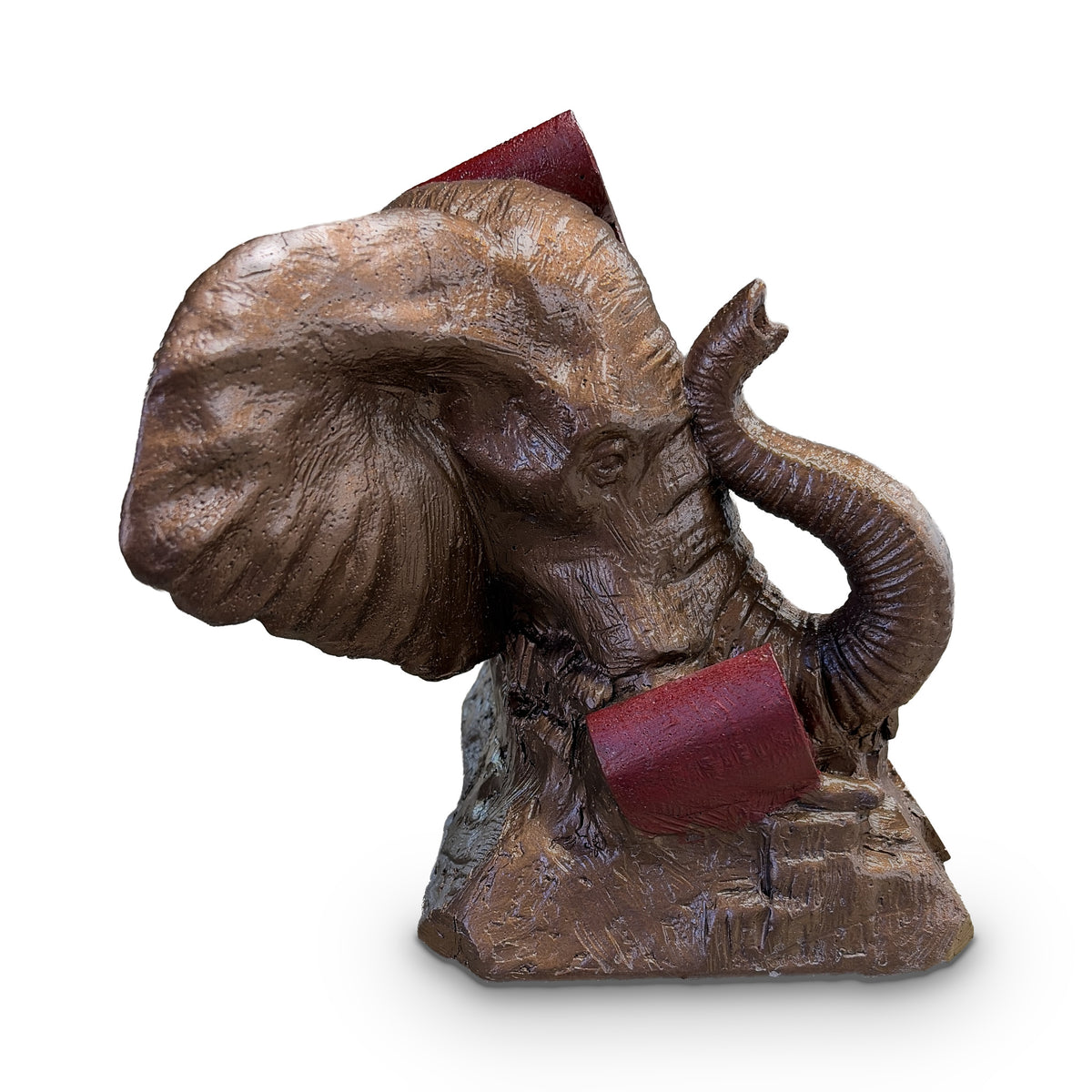 Alabama Crimson Tide elephant and script A desk sculpture, side profile view of the elephant ear and raised trunk, bronze metal coating