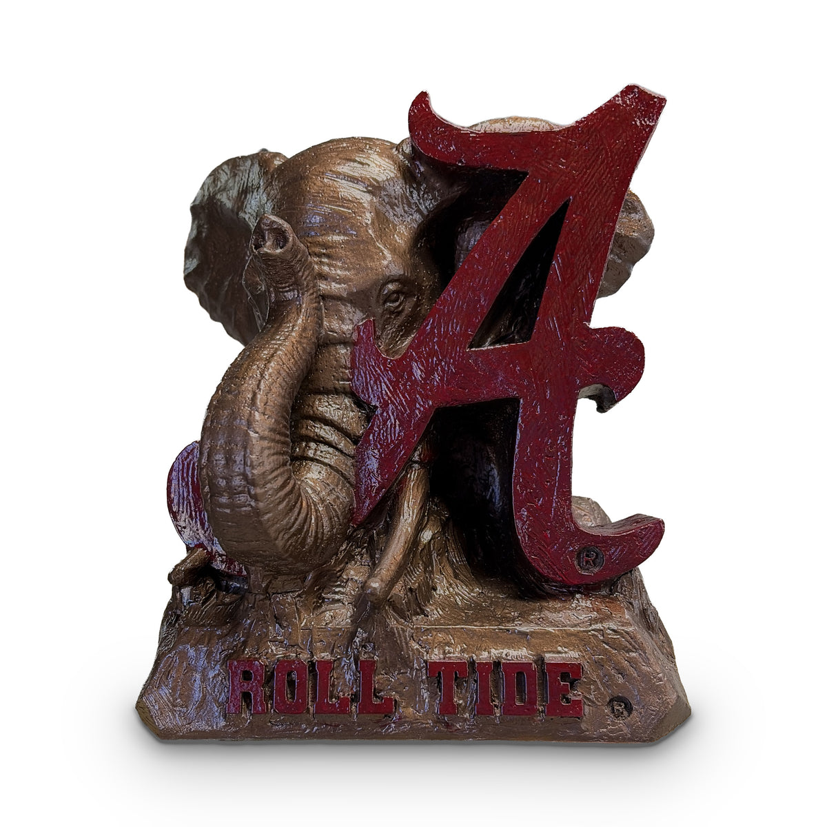 Alabama Crimson Tide elephant and script A desk sculpture, front view from slightly above, bronze metal coating