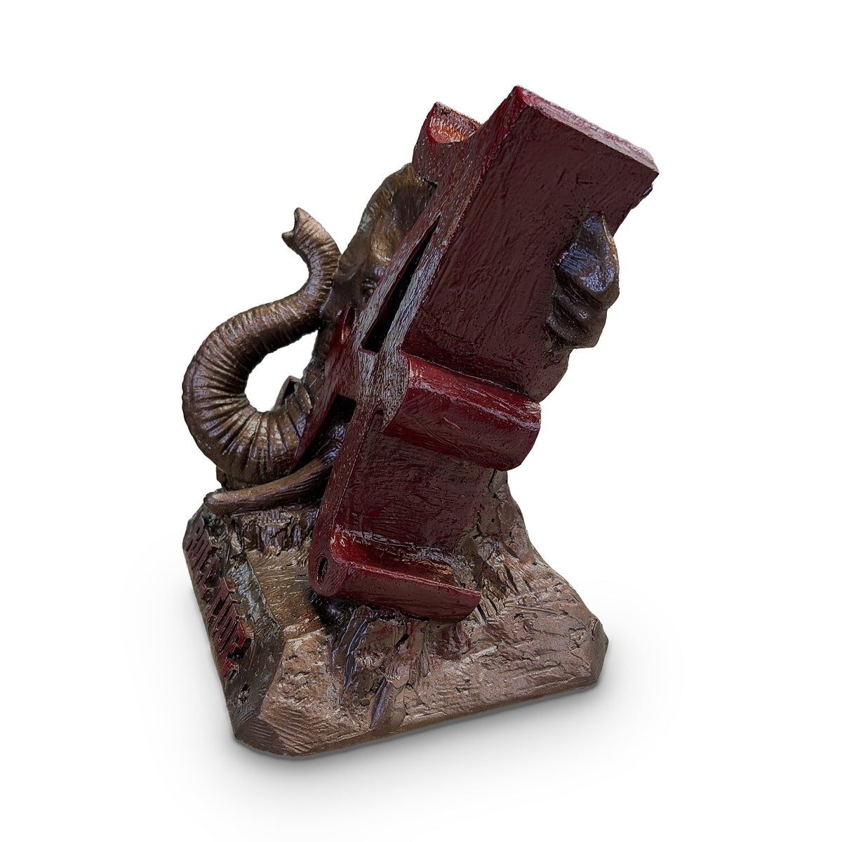 Alabama Crimson Tide elephant and script A desk sculpture, rear three-quarter view showing the back of the crimson script A, bronze metal coating