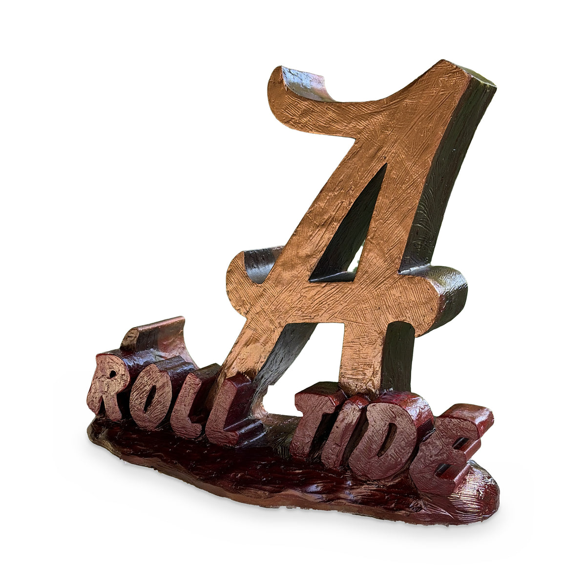 Alabama Script A Roll Tide porch statue, bronze metal coated cast cement, three-quarter right view