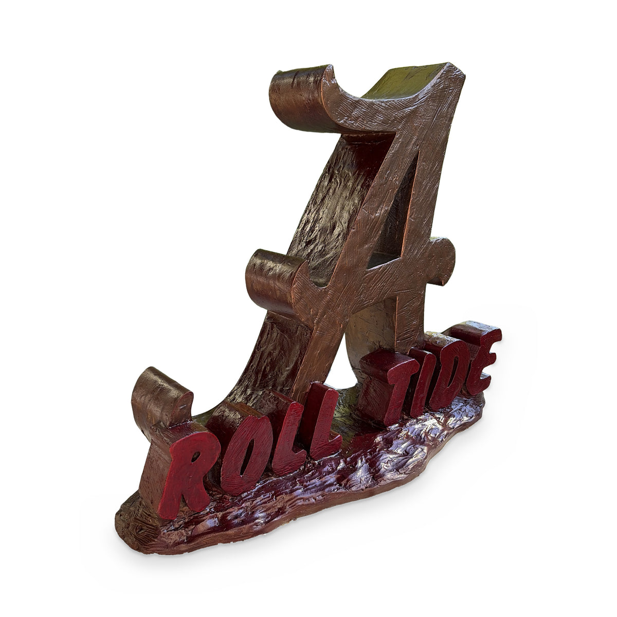 Alabama Script A Roll Tide porch statue, bronze metal coated cast cement, side angle view showing the depth of the A and wave base