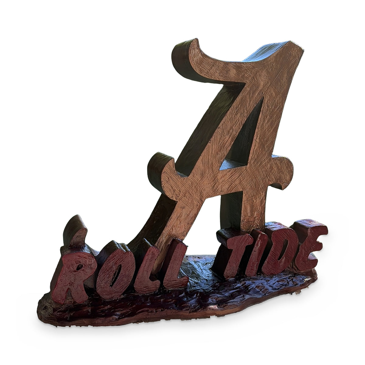 Alabama Script A Roll Tide porch statue, bronze metal coated cast cement, low three-quarter left view