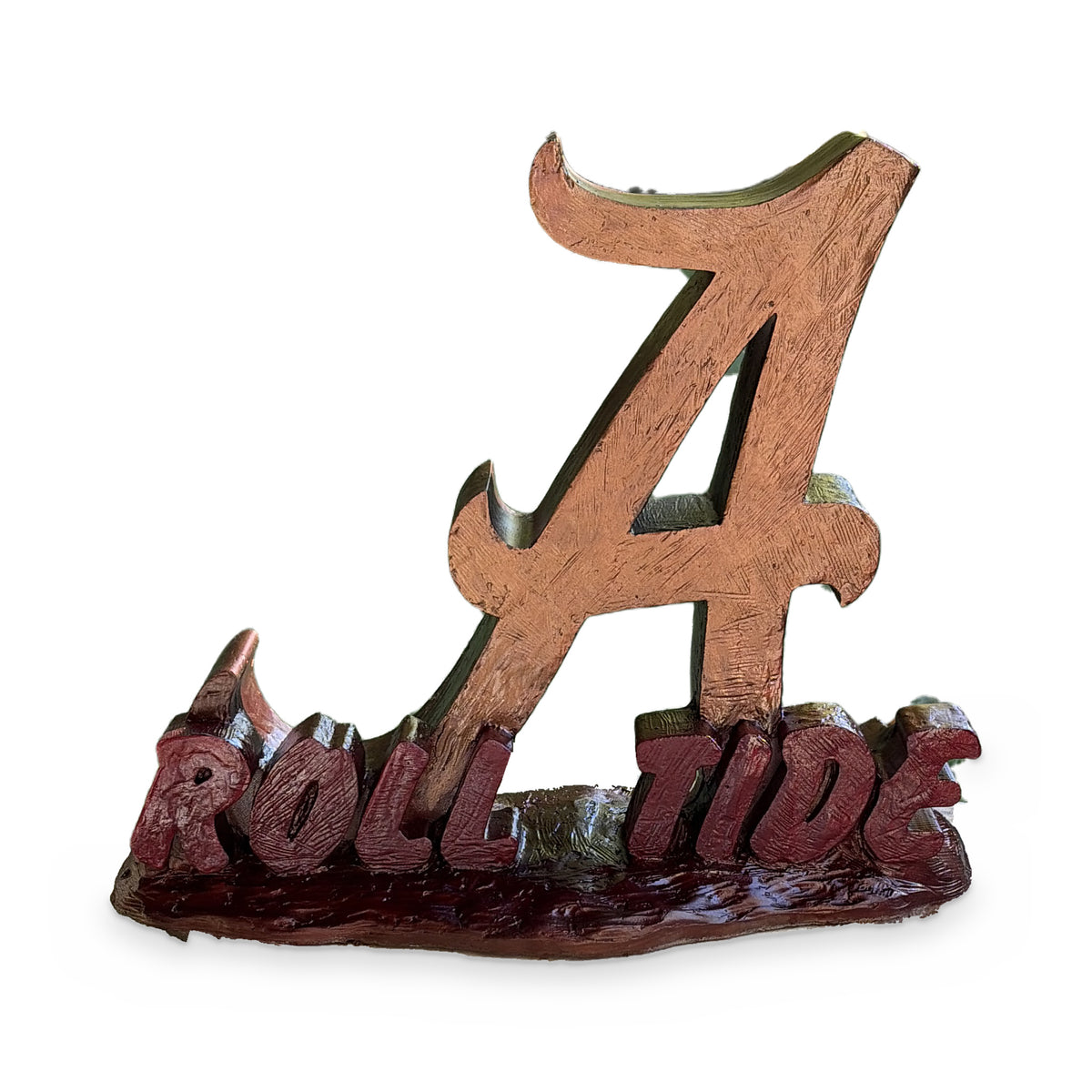 Alabama Script A Roll Tide porch statue, bronze metal coated cast cement, front three-quarter view from above