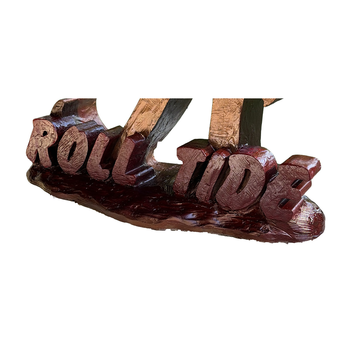 Close-up of the raised crimson ROLL TIDE lettering on the Alabama Script A porch statue base